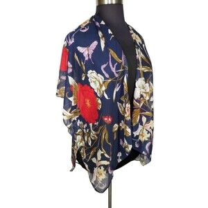 Karma Navy Red Floral Butterfly Print Open Front Kimono Cardigan Over Piece, OS
